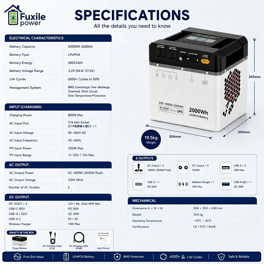 2000Wh 磷酸铁锂便携式电池发电站 1000W 太阳能兼容 UPS 备用电源，适用于家庭露营、房车、离网使用