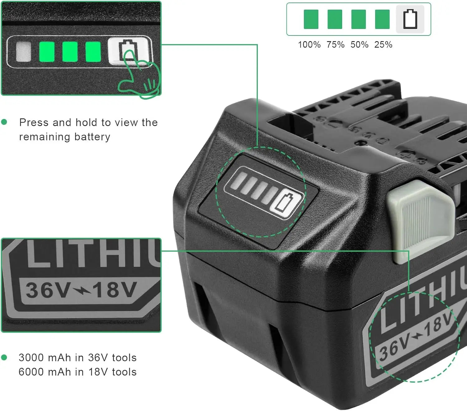 Cordless Power Tools Lithium-Ion Battery Pack Replacement for  Metabo HPT 36V/ 18V MultiVolt Lithium Ion Battery