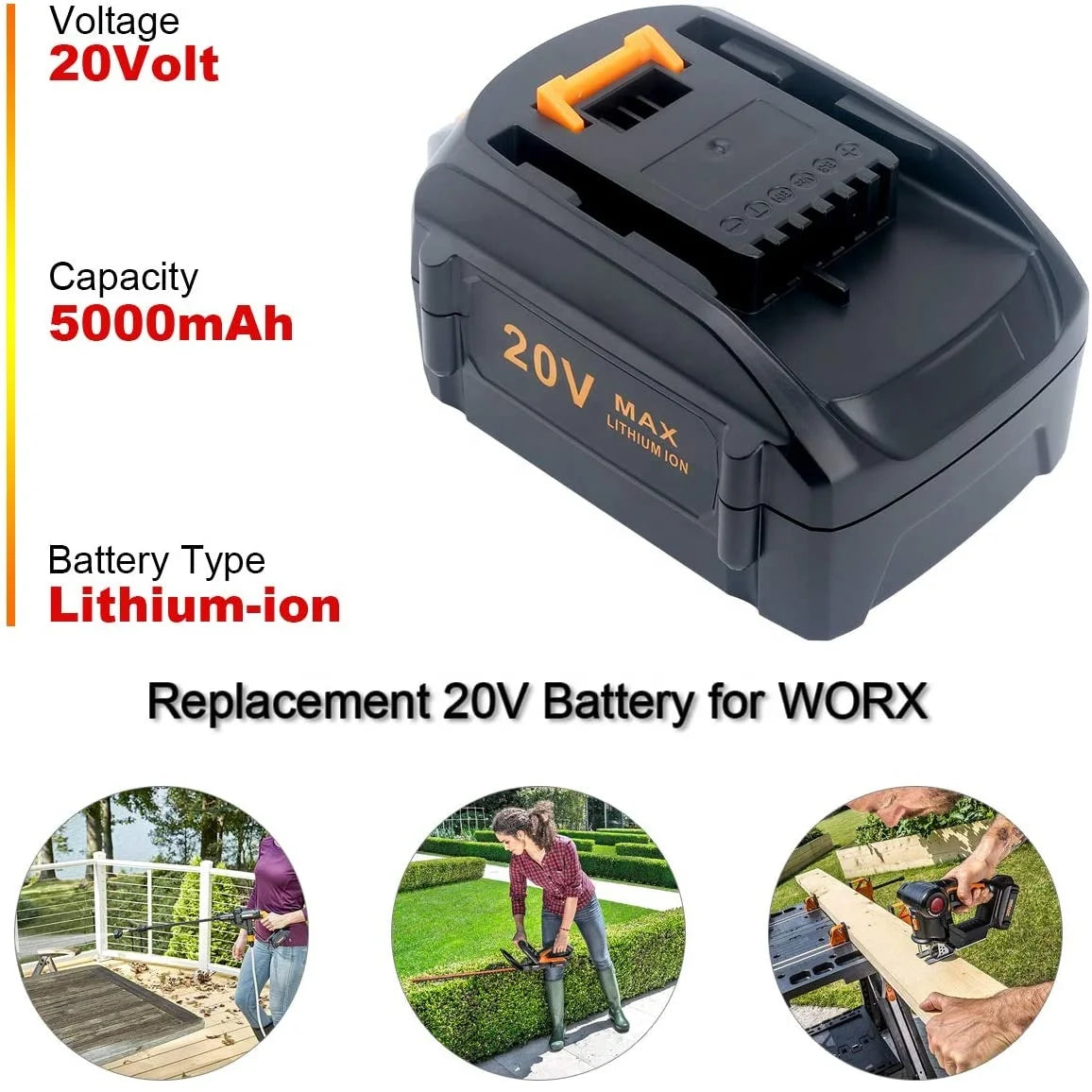 Replacement Battery  for Worx 20-Volt Cordless Power Tools Worx 20V 4.0ah WA3520 WA3575 WX178L WX682L WX530L Worx WX550L