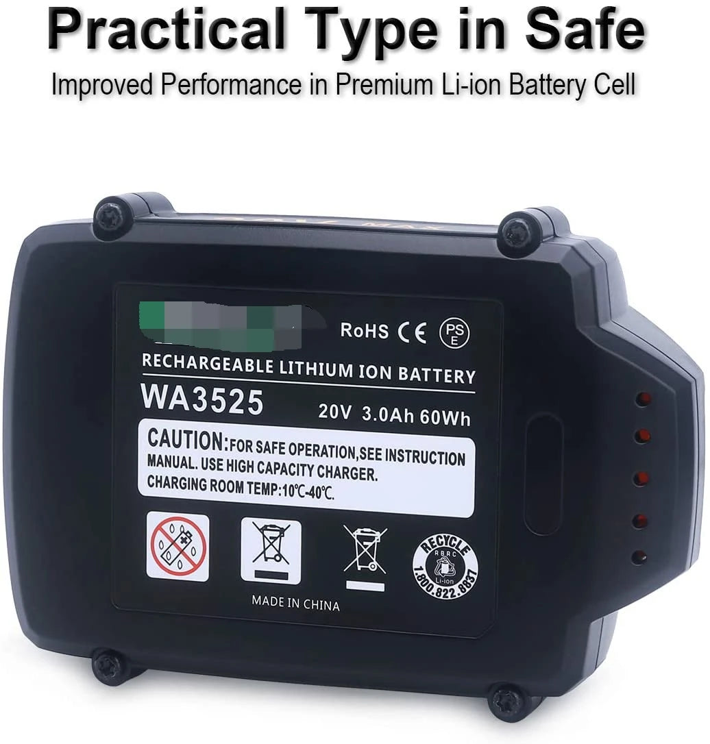3.0Ah Replacement Worx 20V Lithium Battery WA3525, for Worx 20V (2x20V) Cordless Tools Power Battery WA3575 WA3525 WA3520