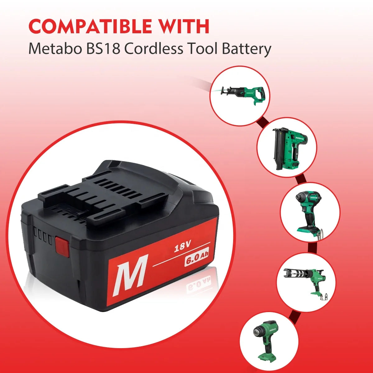 5.0Ah 6.0Ah 18V Li-ion Battery Replacement for Metabo 18V Battery BS18 625369000 Cordless Power Tools