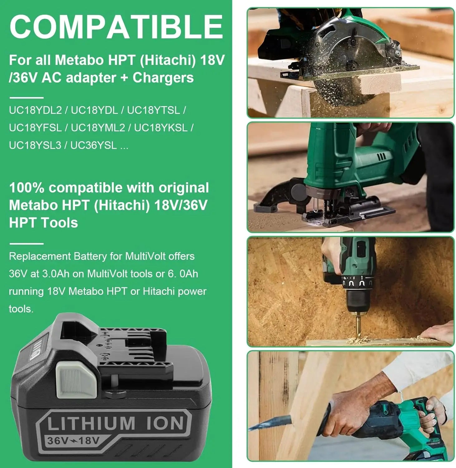 Cordless Power Tools Lithium-Ion Battery Pack Replacement for  Metabo HPT 36V/ 18V MultiVolt Lithium Ion Battery